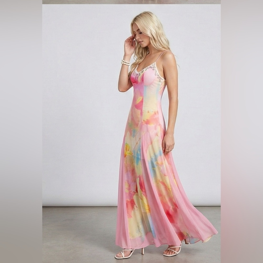 Y2K Pastel Pink Watercolor Mesh Maxi Dress - Picture 6 of 13